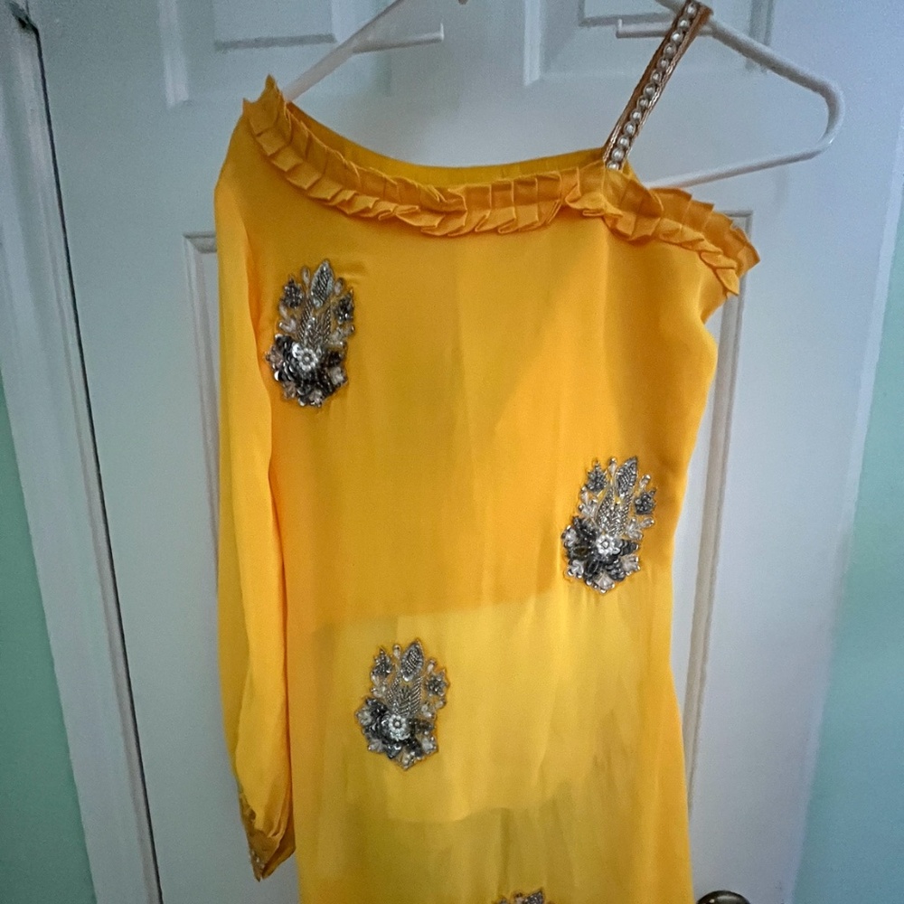 Yellow one shoulder sharara indian outfit